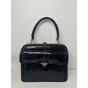 Vintage 1950s Black Frame Alligator Handbag with Brass Hardware